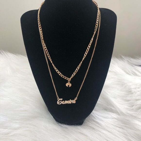 18 K Gold Plated Double Layer Diamond Gemini Zodiac Sign Necklace - Picture 1 of 3